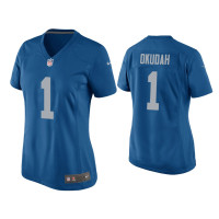 Women Detroit Lions #1 Jeff Okudah Blue Throwback Game Jersey